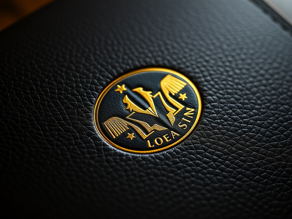 A close-up of a luxury embossed logo on a leather notebook, gold foil, subtle texture, dramatic side lighting, photorealistic, 8k, commercial photography style